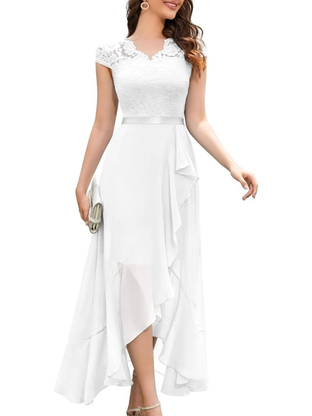 Women's White V-Neck Wedding Floral Lace Cocktail Party Bridesmaid Dresses